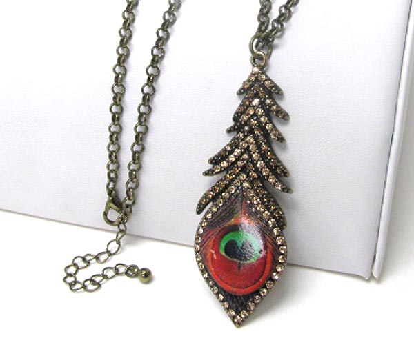 Crystal and epoxy deco peacock feather pendant long necklace