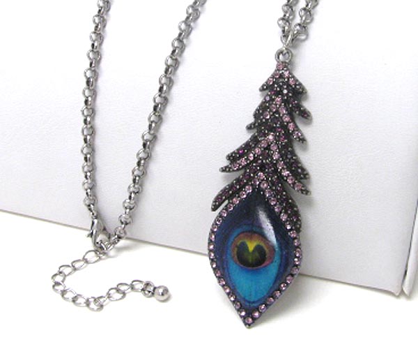 Crystal and epoxy deco peacock feather pendant long necklace