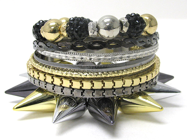 Fireball metal spike box chain mix multi row metal bangle set