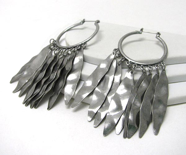 Hammered metal piece drop hoop earring - hoops