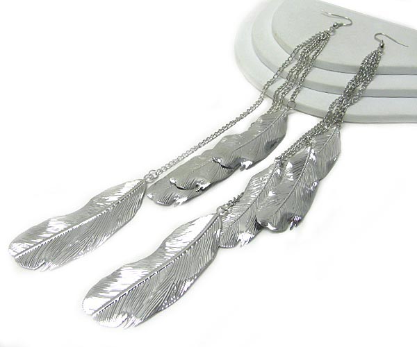 Multi metal feather drop long earring