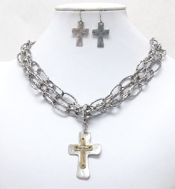 Natural shape double cross pendant and chain necklace earring set