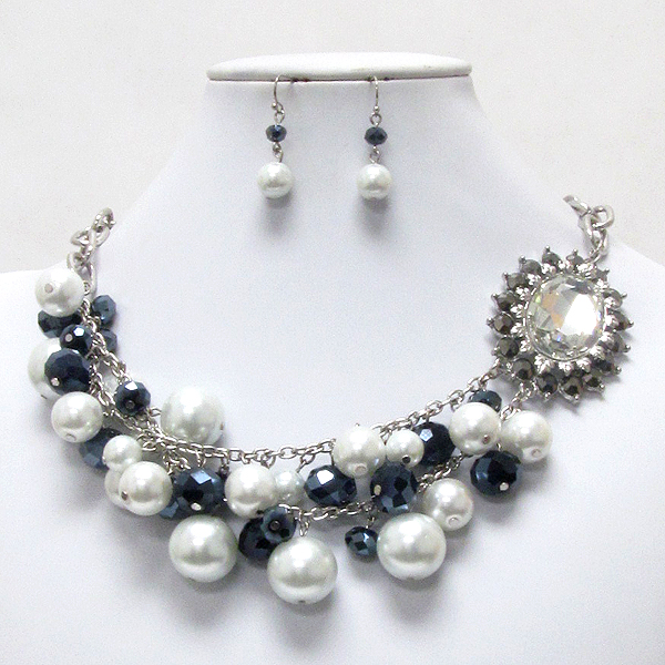 Multi pearl and glass ball drop double layered necklace earring set