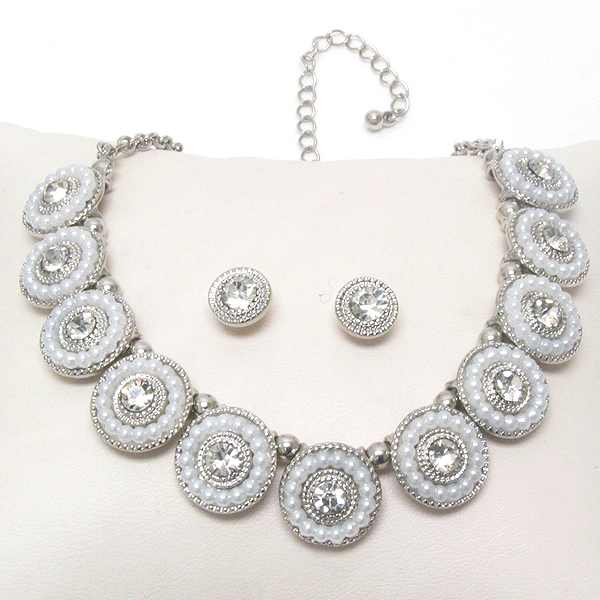 Multi pearl and crystal center disk link necklace earring set