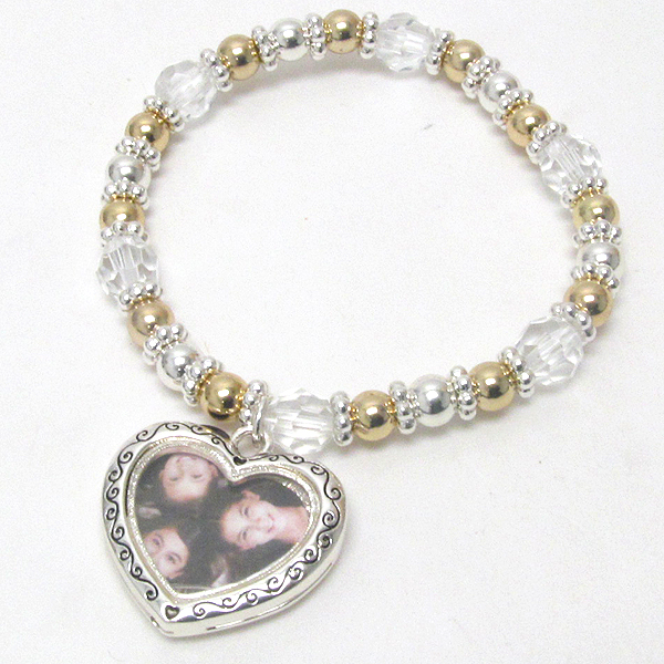 Picture frame charm and metalic ball stretch bracelet- picture insertable