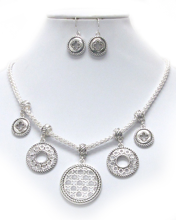 Multi metal filigree disk vintage charm drop necklace earring set