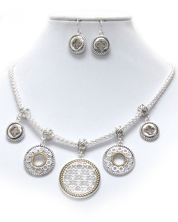 Multi metal filigree disk vintage charm drop necklace earring set