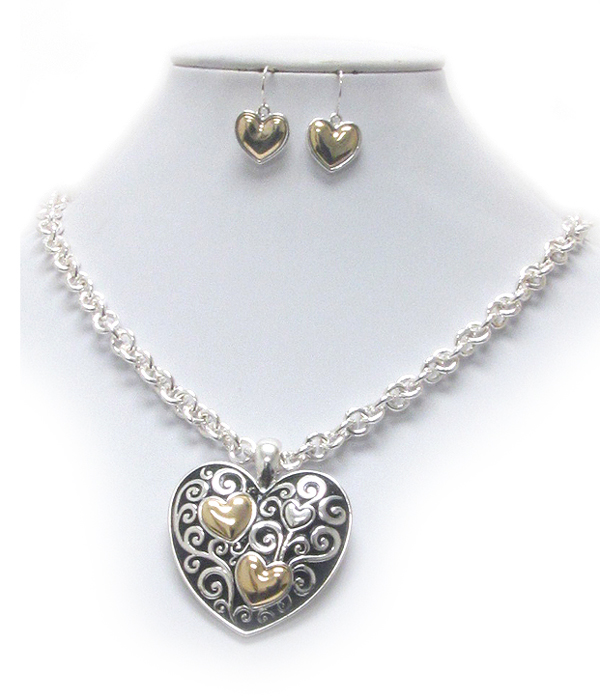 Metal filigree heart pendant necklace earring set