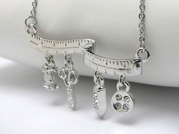 Made in korea whitegold plating crystal stud multi sewing theme charm dangle necklace