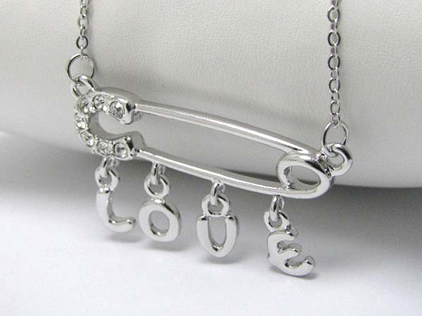 Made in korea whitegold plating crystal stud clothes pin and love dangle necklace