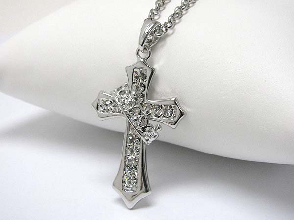 Made in korea whitegold plating crystal stud crowned cross pendant necklace