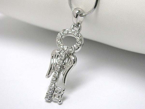 Made in korea whitegold plating crystal stud angel key pendant necklace