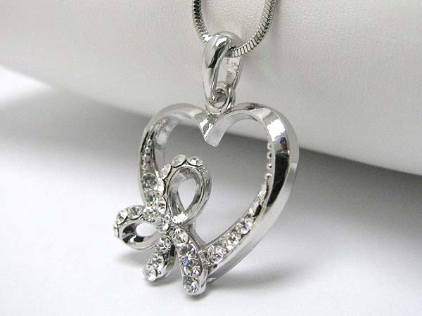 Made in korea whitegold plating crystal stud ribbon tied heart pendant necklace?