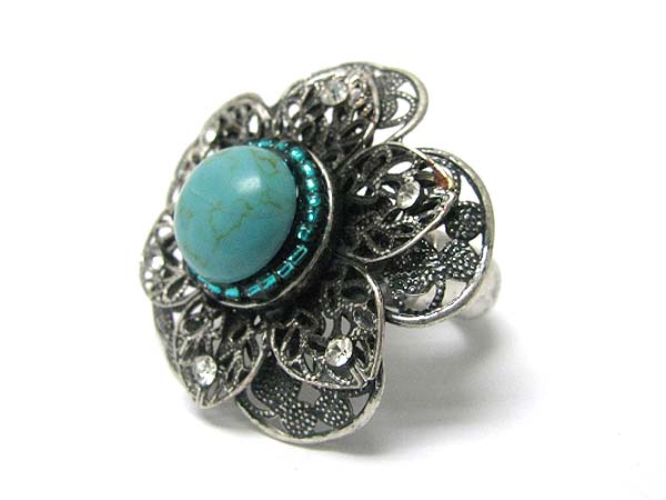 Turquoise stone and crystal deco metal art deco flower stretch ring