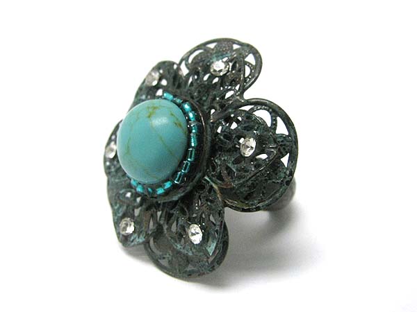 Turquoise stone and crystal deco metal art deco flower stretch ring