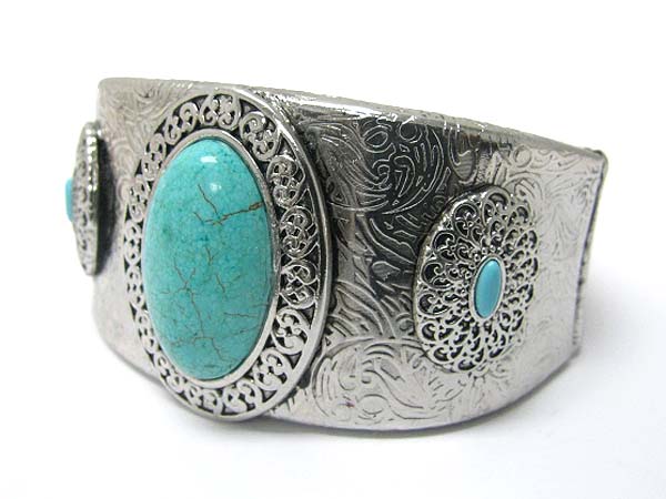 Turquoise stone deco metal filigree hinge bangle?