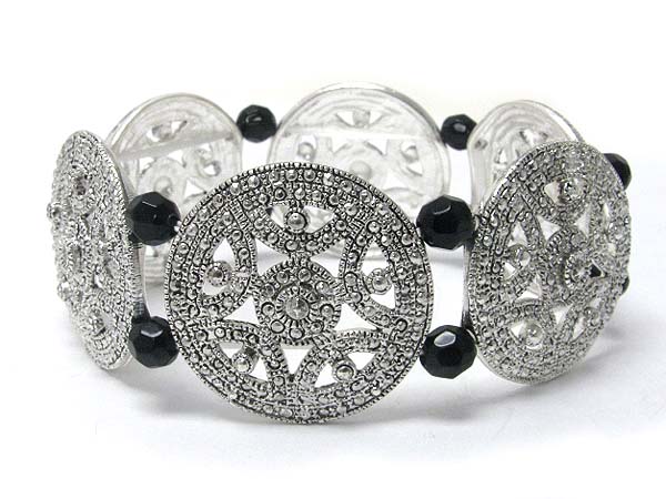 Marcasite look metal disk and beads link stretch bracelet