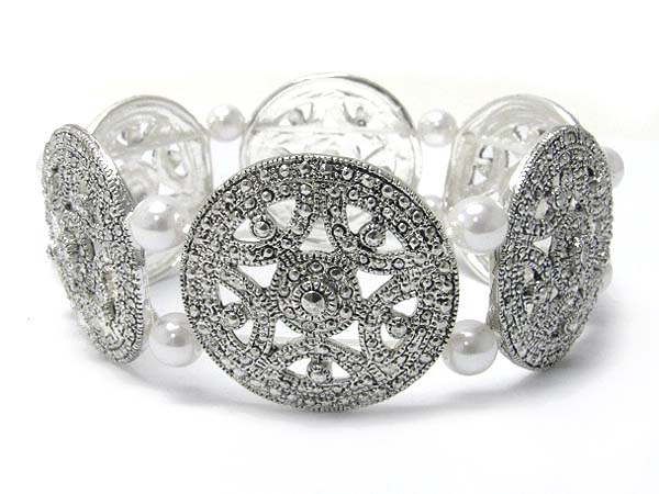 Marcasite look metal disk and beads link stretch bracelet