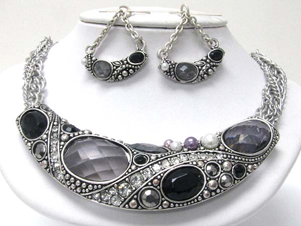 Crystal and facet glass art deco side bar multi chain necklace earrign set