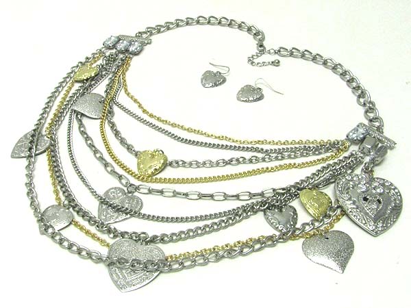 Filigree multi metal heart dangle multi layer chain necklace earring set 