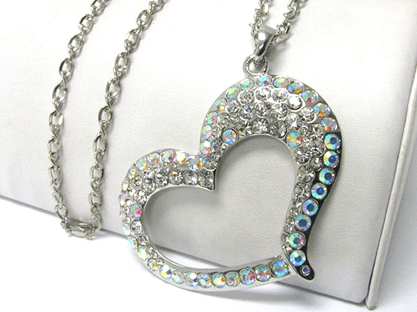 Large gradual color crystal heart pendant long chain necklace