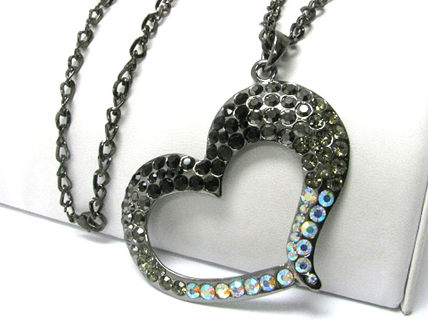 Large gradual color crystal heart pendant long chain necklace