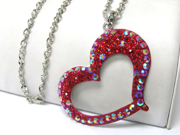 Large gradual color crystal heart pendant long chain necklace