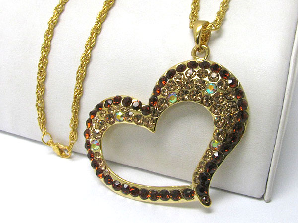 Large gradual color crystal heart pendant long chain necklace