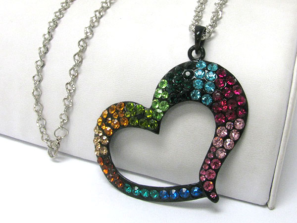 Large gradual color crystal heart pendant long chain necklace