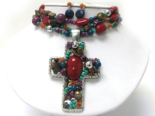 Mixed natural stone and beads deco chunky cross pendant and necklace earrign set