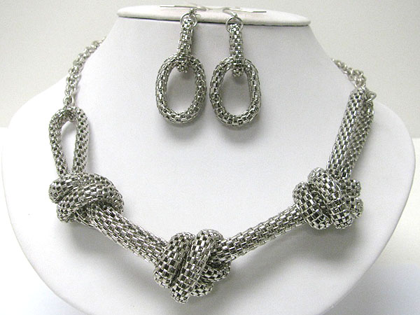 Knotted metal tube chain necklace earring set