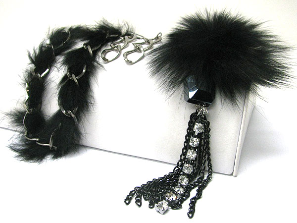 Fur and rhinestone line deco long neckalce earring set