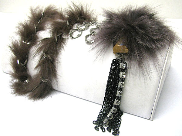 Fur and rhinestone line deco long neckalce earring set