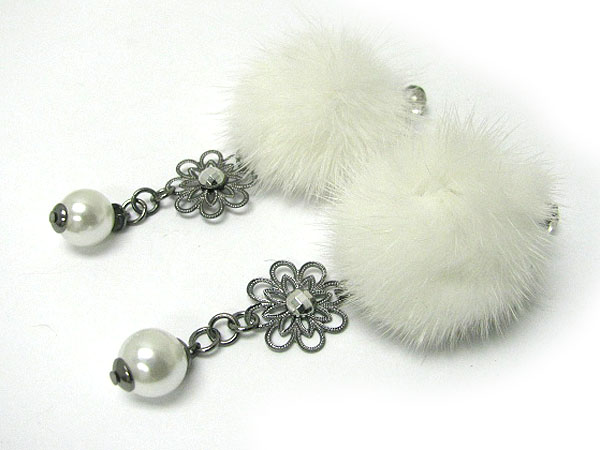 Fur deco pearl ball drop earring