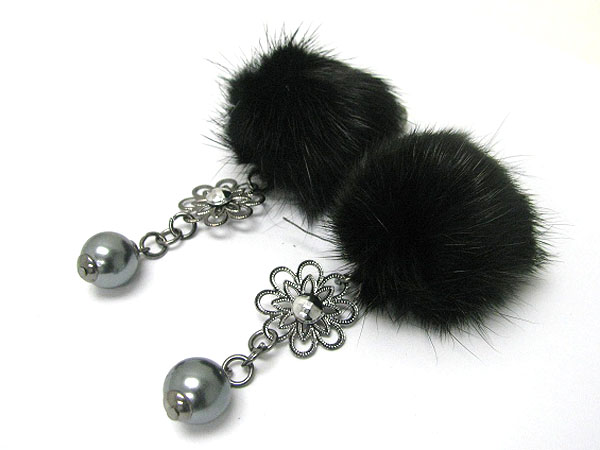 Fur deco pearl ball drop earring