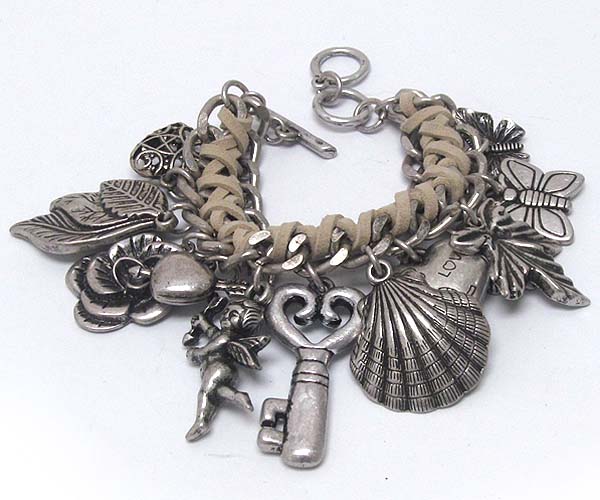 Metal leaf heart key dangle braided cord on fashion chain charm bracelet