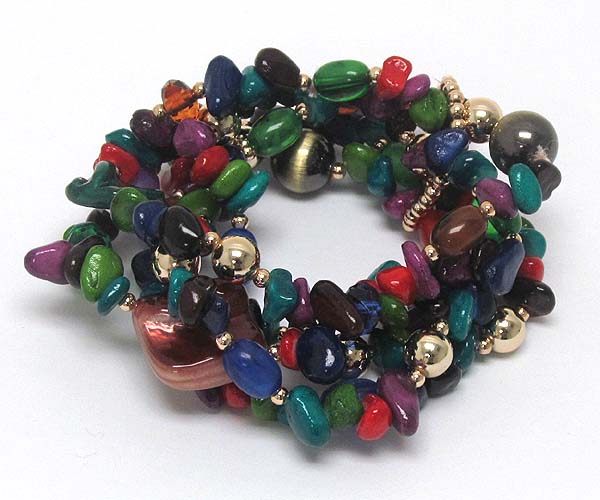 Three layer multi mix chip stone with beads and crystal glass stone with metal ball stretch bracelet