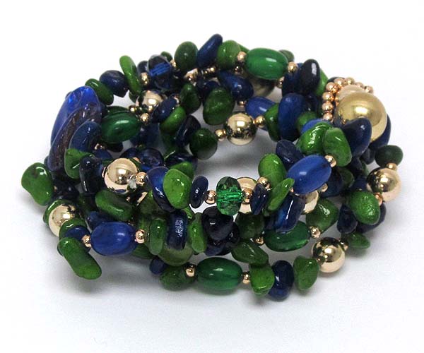 Three layer multi mix chip stone with beads and crystal glass stone with metal ball stretch bracelet