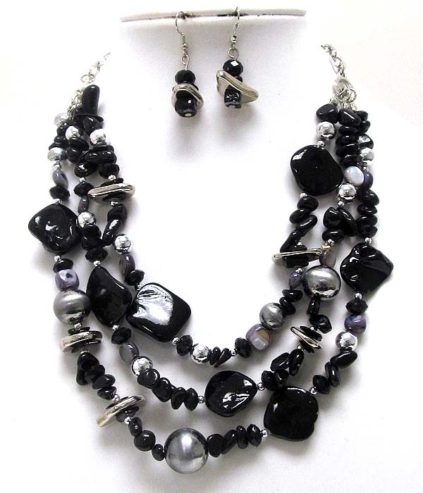 Three layer multi mix chip stone with beads and crystal glass stone with metal ball necklace earring set