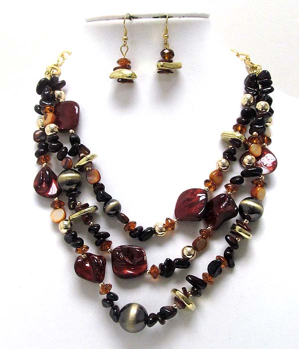 Three layer multi mix chip stone with beads and crystal glass stone with metal ball necklace earring set