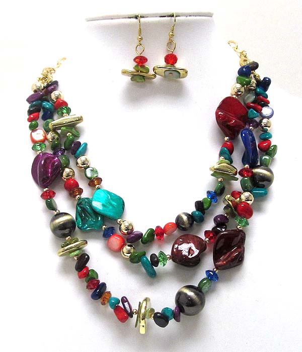 Three layer multi mix chip stone with beads and crystal glass stone with metal ball necklace earring set