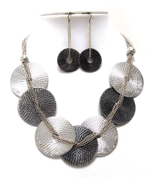 Multi round disk metal and multi knot drop multi chain necklace earring