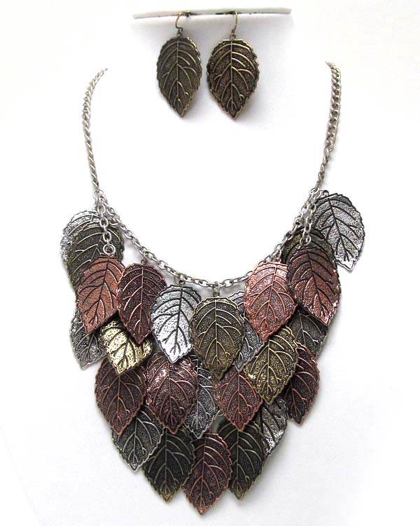 Multi metal textured leafs drop chain necklace earring set