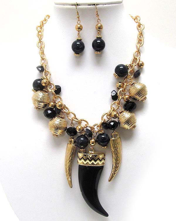 Carved horn pendant mixed metal ball and acryl ball with crystal glass dangle necklace earring set