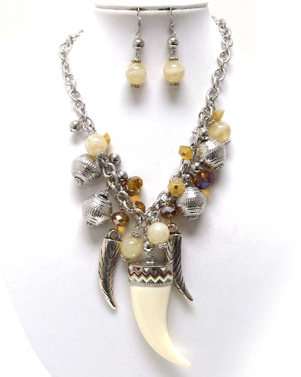 Carved horn pendant mixed metal ball and acryl ball with crystal glass dangle necklace earring set