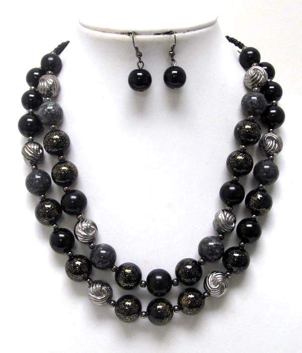 Two layer multi pearl beads and metal ball with coated ball chain necklace earring set