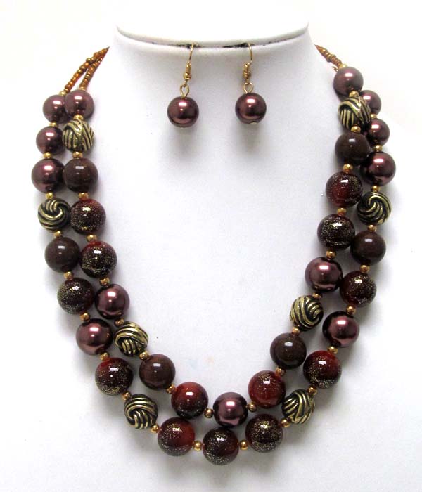 Two layer multi pearl beads and metal ball with coated ball chain necklace earring set