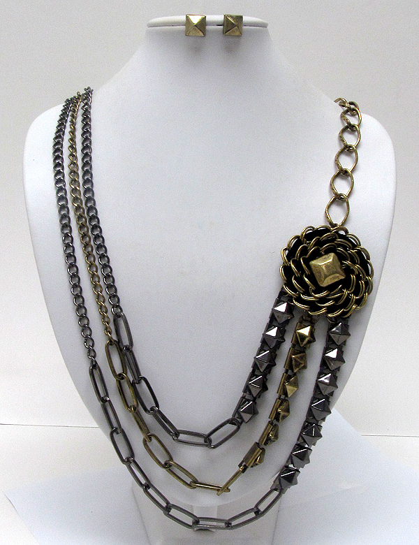 Three line metal puffy spikes with metal chain flower multi long chain necklace earring set  