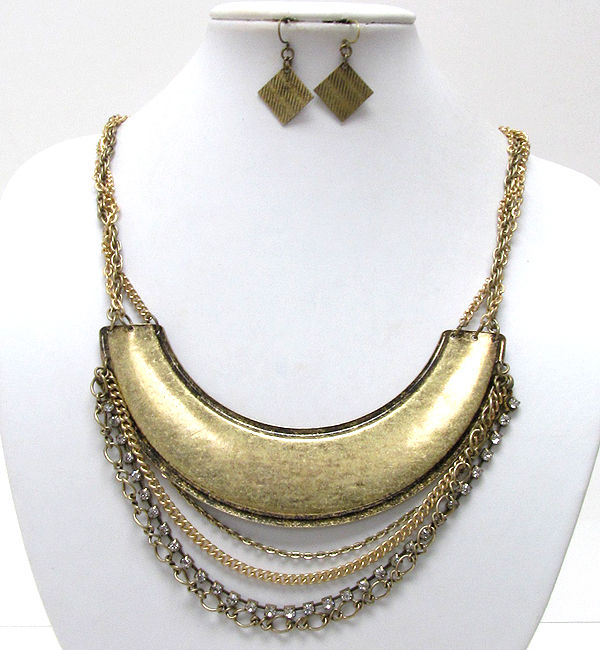 Metal scratch bar link drop mix chain with  line crystal bib style necklace earring set