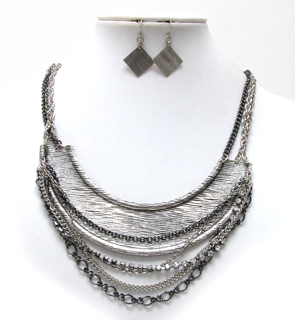 Metal scratch bar link drop mix chain with  line crystal bib style necklace earring set